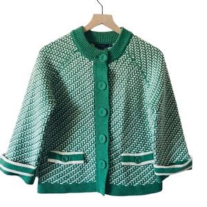 Boden green and white wool button up cardigan sweater size 12 but fits like a 10
